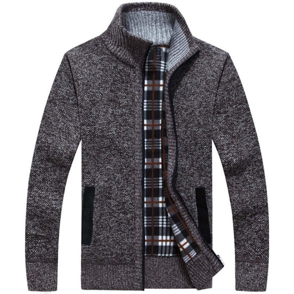 Men's Coffee Casual Slim Full Zip Knitted Polyester Cardigan Sweater with Pocked